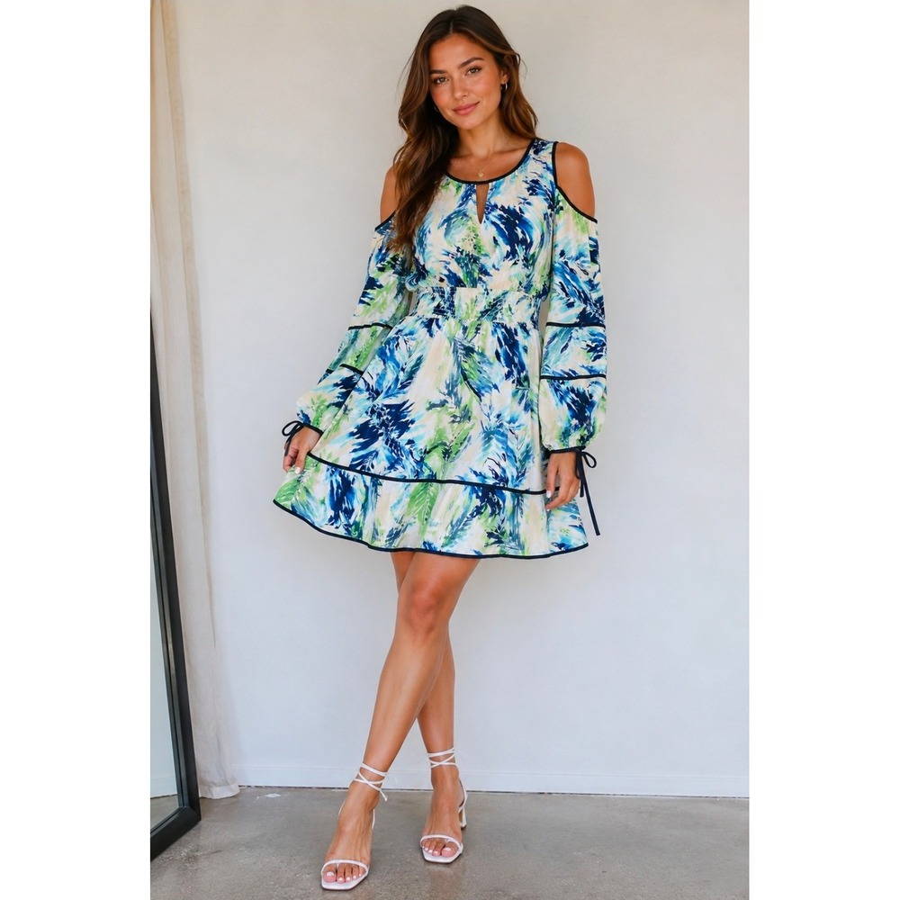 Adelyn Rae Tropical Cold Shoulder Dress Blue Green Floral Size M